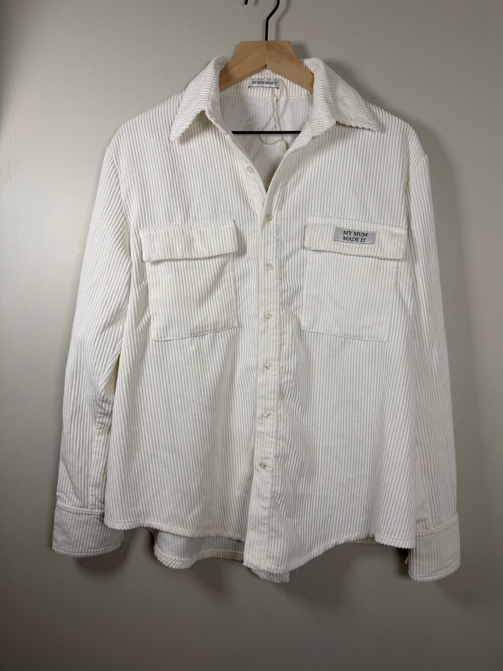 My Mum Made It Corduroy Oversized White Button-up Shirt Front Pockets Cozy Indie